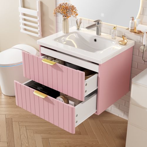 Meuble Vasque Suspendu 60.5x47.5x47cm, Double Rangement, Mdf Résistant à L'humidité, Rose+blanc