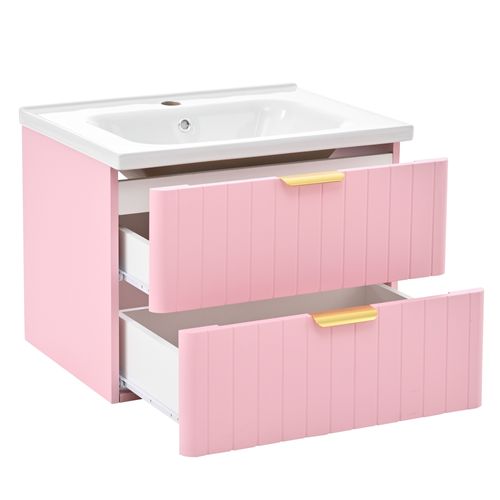 Meuble Vasque Suspendu 60.5x47.5x47cm, Double Rangement, Mdf Résistant à L'humidité, Rose+blanc