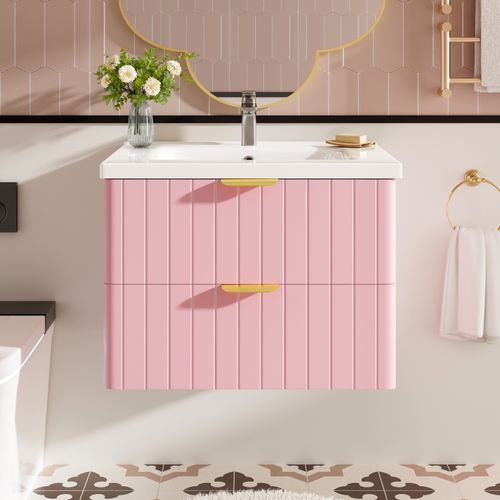 Meuble Vasque Suspendu 60.5x47.5x47cm, Double Rangement, Mdf Résistant à L'humidité, Rose+blanc