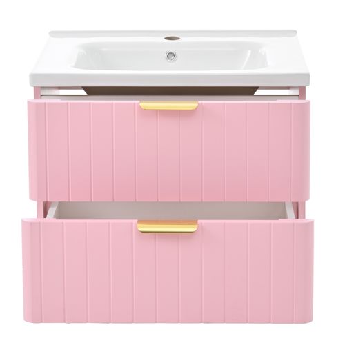 Meuble Vasque Suspendu 60.5x47.5x47cm, Double Rangement, Mdf Résistant à L'humidité, Rose+blanc