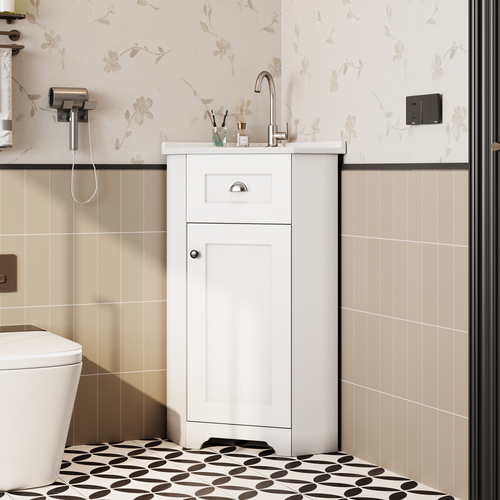 Meuble Vasque 59x42.5x90.5cm, Gain De Place Avec Lavabo Céramique Et Poignées Métal, Mdf, Blanc