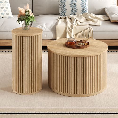 Lot De 2 Tables Basses 60 Cm Et 30 Cm, Motif Bois, Table Ronde, Design Moderne, Mdf, Couleur Bois