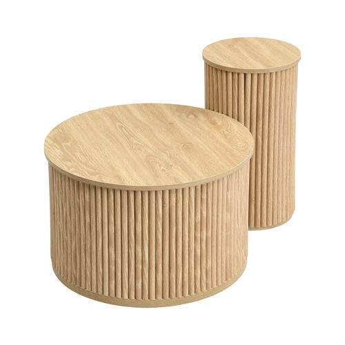 Lot De 2 Tables Basses 60 Cm Et 30 Cm, Motif Bois, Table Ronde, Design Moderne, Mdf, Couleur Bois