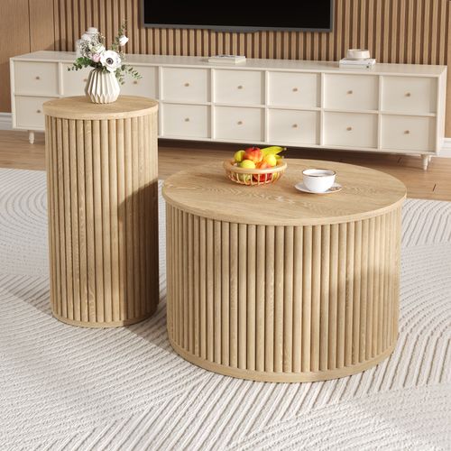 Lot De 2 Tables Basses 60 Cm Et 30 Cm, Motif Bois, Table Ronde, Design Moderne, Mdf, Couleur Bois