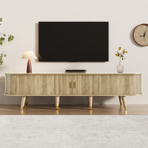Meuble TV 175x38x45 Cm, Motif Bois, Grand Rangement, 2 Tiroirs, Niche,  Câbles Détails, Mdf Bois