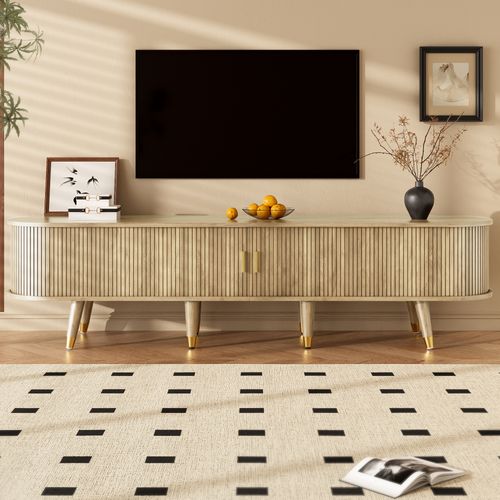 Meuble TV 175x38x45 Cm, Motif Bois, Grand Rangement, 2 Tiroirs, Niche,  Câbles Détails, Mdf Bois