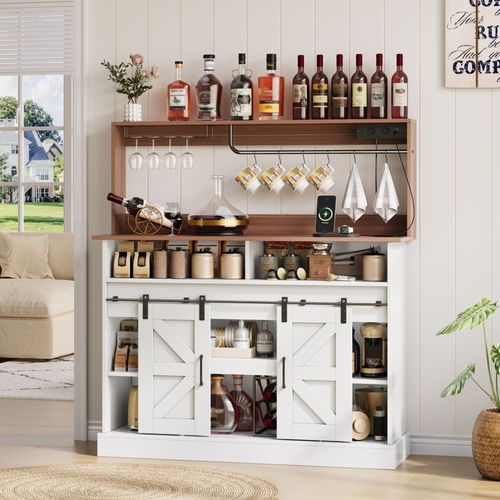 Buffet 120x40x121.5 Cm, Portes Coulissantes, Porte Verres, Prises, Crochets, Mdf, Blanc+bois