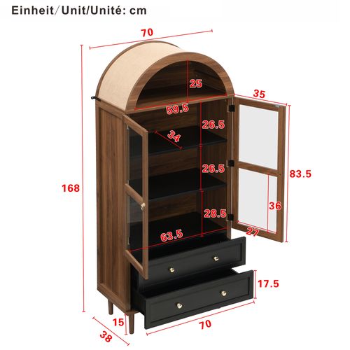 Vitrine 70 X 38 X 168 Cm, Rangement, 2 Portes Verre Cannelé, Tablettes Réglables, Mdf Marron