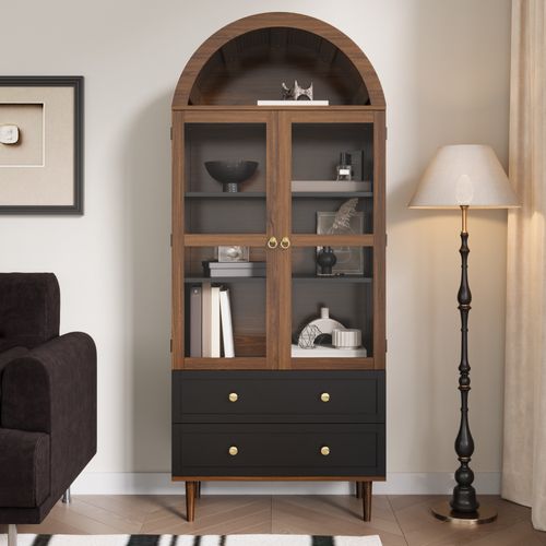 Vitrine 70 X 38 X 168 Cm, Rangement, 2 Portes Verre Cannelé, Tablettes Réglables, Mdf Marron