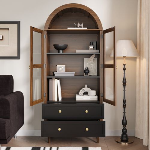 Vitrine 70 X 38 X 168 Cm, Rangement, 2 Portes Verre Cannelé, Tablettes Réglables, Mdf Marron