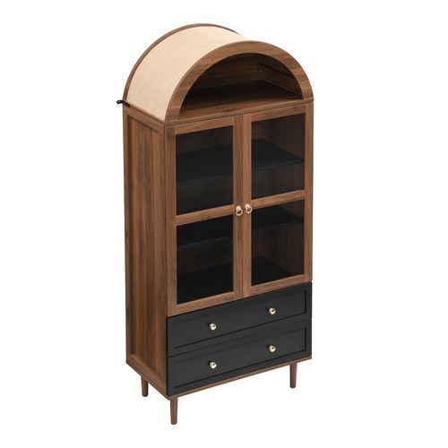 Vitrine 70 X 38 X 168 Cm, Rangement, 2 Portes Verre Cannelé, Tablettes Réglables, Mdf Marron