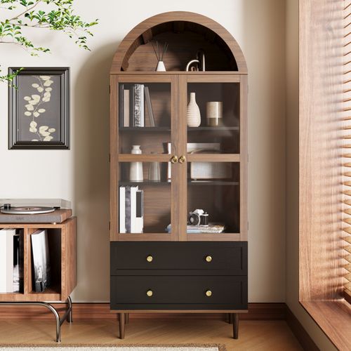 Vitrine 70 X 38 X 168 Cm, Rangement, 2 Portes Verre Cannelé, Tablettes Réglables, Mdf Marron