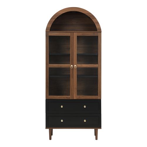 Vitrine 70 X 38 X 168 Cm, Rangement, 2 Portes Verre Cannelé, Tablettes Réglables, Mdf Marron