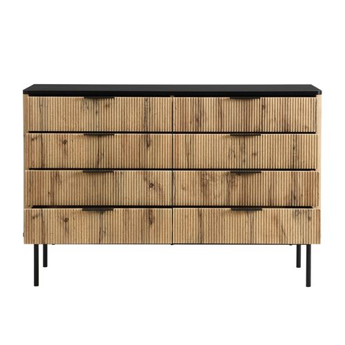 Commode 120x39,5x80 Cm, Grand Rangement, Motif Bois, 8 Tiroirs, Style Artistique, Mdf, Noir, Bois