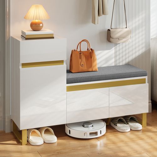 Meuble à Chaussures 120x35x85 Cm, Rangement, Banquette Intégrée Avec Coussin, 3 Portes, Mdf, Blanc