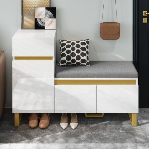 Meuble à Chaussures 120x35x85 Cm, Rangement, Banquette Intégrée Avec Coussin, 3 Portes, Mdf, Blanc