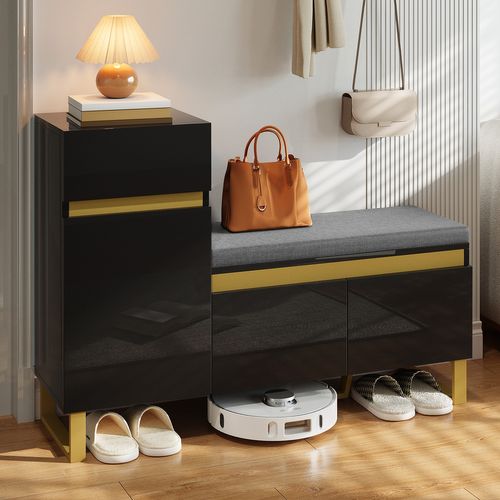 Meuble à Chaussures 120x35x85 Cm, Rangement, Banquette Intégrée Avec Coussin, 3 Portes, Mdf, Noir