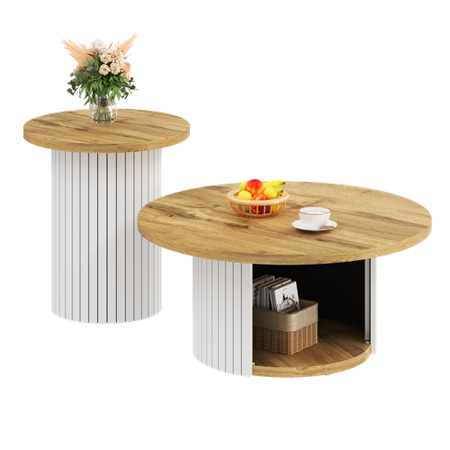 Lot De 2 Tables Basses Rondes 75x75x35+45x45x50cm, Table Basse Modulable, Mdf, Couleur Bois+blanc