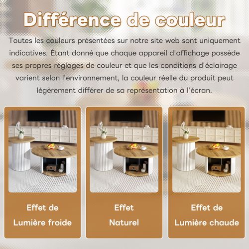 Lot De 2 Tables Basses Rondes 75x75x35+45x45x50cm, Table Basse Modulable, Mdf, Couleur Bois+blanc