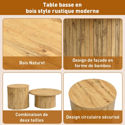 Lot De 2 Tables Basses Rondes 50x50x50.5+75x75x36cm, Modulable Et Emboîtable, Mdf, Couleur Bois