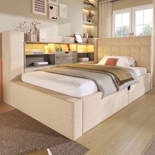 Lit Coffre 90x190 Cm, Forme De L, LED Et Prises USB, Tête En L Réversible, Lin Et Bois, Beige