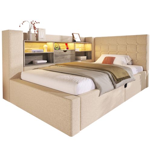 Lit Coffre 90x190 Cm, Forme De L, LED Et Prises USB, Tête En L Réversible, Lin Et Bois, Beige