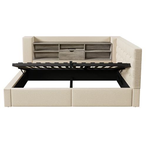 Lit Coffre 90x190 Cm, Forme De L, LED Et Prises USB, Tête En L Réversible, Lin Et Bois, Beige