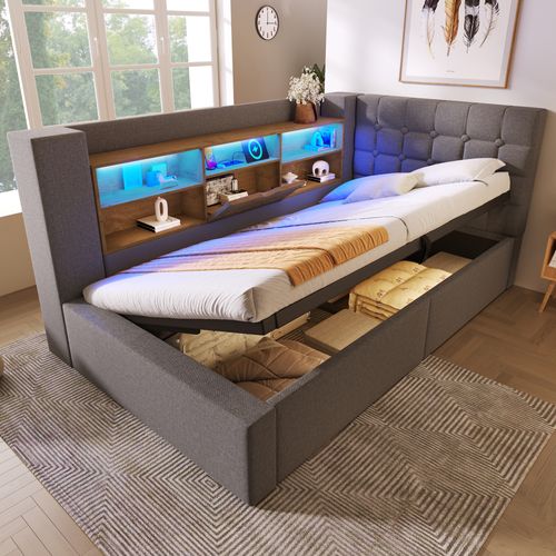 Lit Coffre 90 X 200 Cm, Éclairage LED, Rangements Caché, Tête En L Réversible, Lin Gris, Ports USB