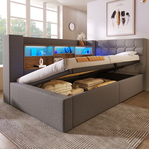 Lit Coffre 90 X 200 Cm, Éclairage LED, Rangements Caché, Tête En L Réversible, Lin Gris, Ports USB