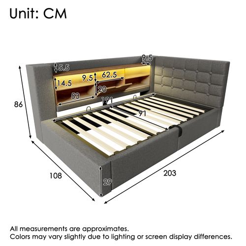 Lit Coffre 90x190 Cm, Éclairage LED Et Ports USB, Tête De Lit En L Réversible, Lin Gris