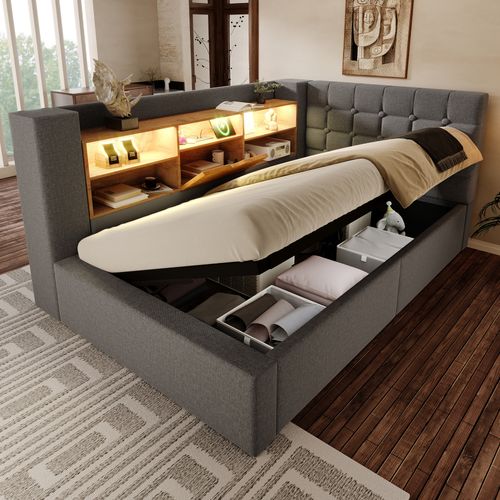 Lit Coffre 90x190 Cm, Éclairage LED Et Ports USB, Tête De Lit En L Réversible, Lin Gris