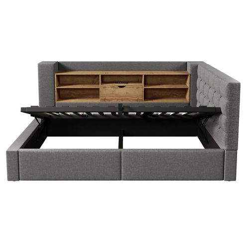 Lit Coffre 90x190 Cm, Éclairage LED Et Ports USB, Tête De Lit En L Réversible, Lin Gris