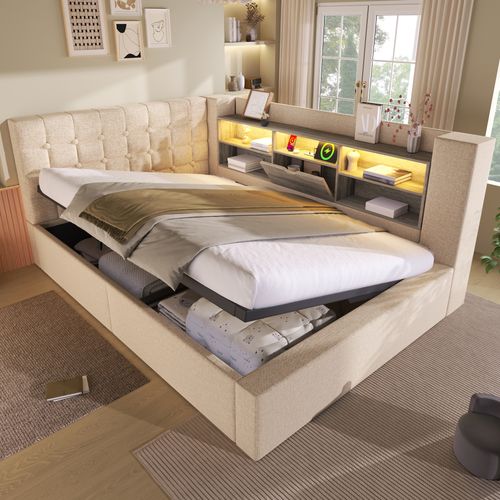 Lit Coffre 140 X 200 Cm,  LED Et Prises USB, Forme De L, Rangement Caché, Lin Beige