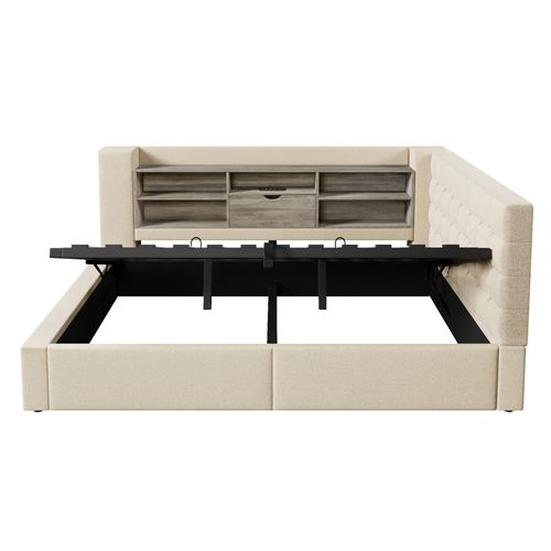 Lit Coffre 140 X 200 Cm,  LED Et Prises USB, Forme De L, Rangement Caché, Lin Beige