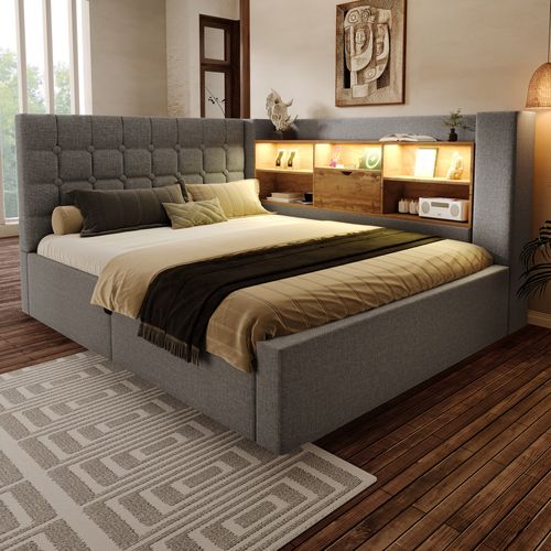 Lit Coffre 140x190 Cm, Rangement Hydraulique Avec LED Et Ports USB, Lin Et Panneaux Bois, Gris