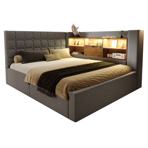 Lit Coffre 140x190 Cm, Rangement Hydraulique Avec LED Et Ports USB, Lin Et Panneaux Bois, Gris