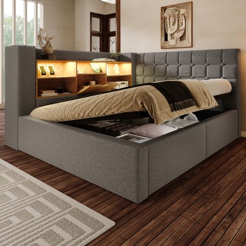 Lit Coffre 140x190 Cm, Rangement Hydraulique Avec LED Et Ports USB, Lin Et Panneaux Bois, Gris
