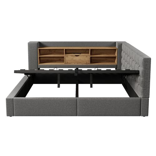 Lit Coffre 140x190 Cm, Rangement Hydraulique Avec LED Et Ports USB, Lin Et Panneaux Bois, Gris