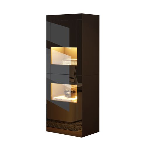 Buffet Haut 61x42x162 Cm, LED Réglable, 2 Portes, 3 Étagères, Pb, Acrylique, Verre Trempé, Noir