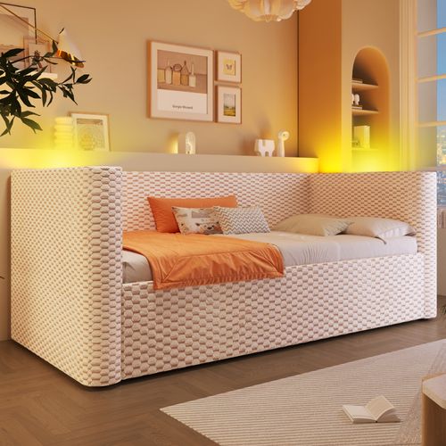 Lit Coffre Moderne 90x200 Cm Avec LED Et Rangement, Canapé-lit, Lit Simple, Velours, Beige