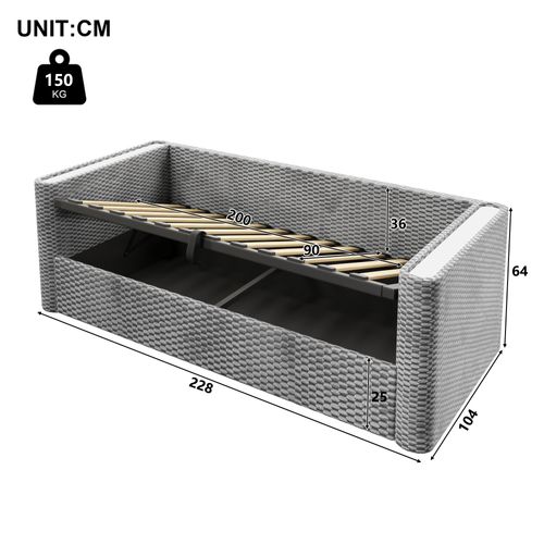 Lit Coffre Moderne 90x200 Cm Avec LED Et Rangement, Canapé-lit, Lit Simple, Velours, Gris