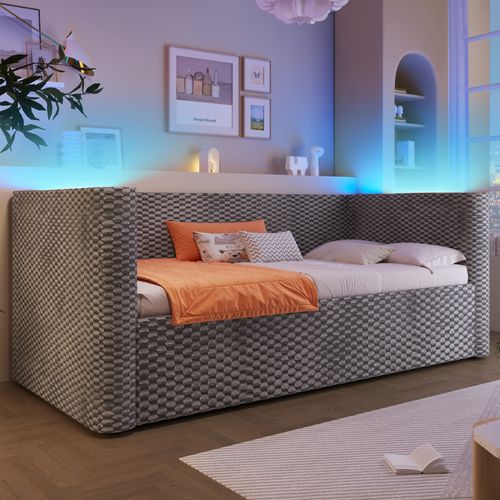 Lit Coffre Moderne 90x200 Cm Avec LED Et Rangement, Canapé-lit, Lit Simple, Velours, Gris