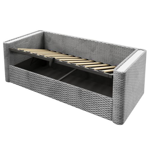 Lit Coffre Moderne 90x200 Cm Avec LED Et Rangement, Canapé-lit, Lit Simple, Velours, Gris