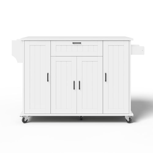 Îlot De Cuisine 120x45(70)x95 Cm, Plateau Extensible Sur Roulettes, 4 Portes, Tiroir, Mdf, Blanc