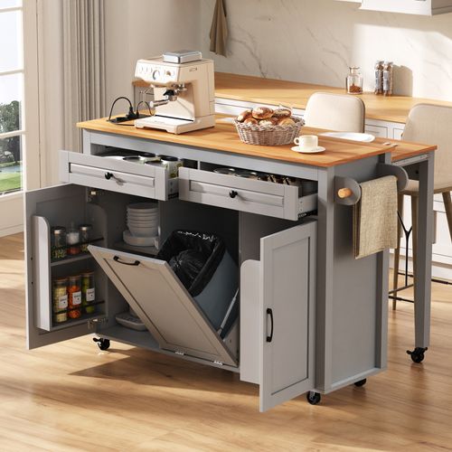 Îlot De Cuisine 120 X 40-75 X 92cm, Plan Extensible Avec Prises Et Tiroir Poubelle, Mdf, Gris+bois