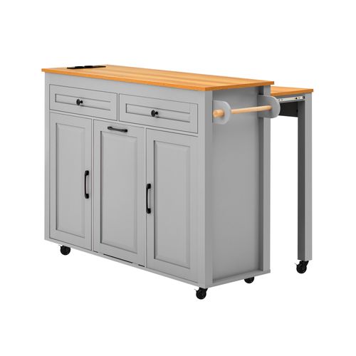 Îlot De Cuisine 120 X 40-75 X 92cm, Plan Extensible Avec Prises Et Tiroir Poubelle, Mdf, Gris+bois