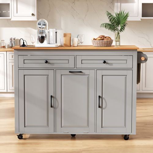 Îlot De Cuisine 120 X 40-75 X 92cm, Plan Extensible Avec Prises Et Tiroir Poubelle, Mdf, Gris+bois