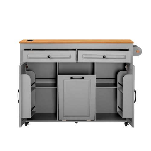 Îlot De Cuisine 120 X 40-75 X 92cm, Plan Extensible Avec Prises Et Tiroir Poubelle, Mdf, Gris+bois