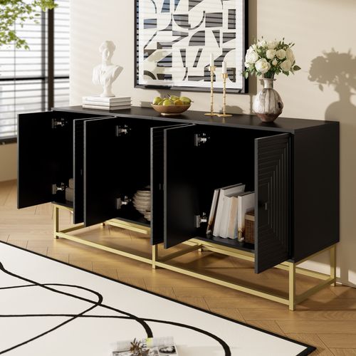 Buffet 160x38x75.5 Cm, 3 Portes Doubles Avec Grand Rangement, Panneau De Particules, Noir+doré