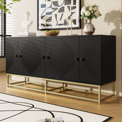 Buffet 160x38x75.5 Cm, 3 Portes Doubles Avec Grand Rangement, Panneau De Particules, Noir+doré